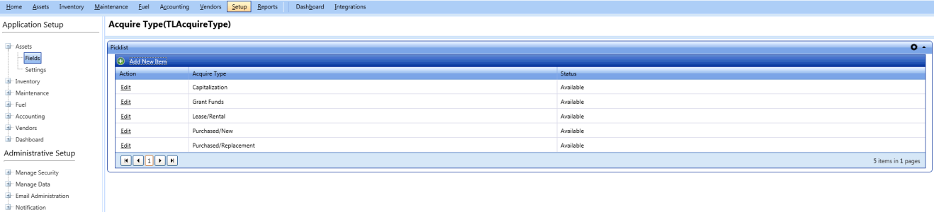 Acquire type picklist page